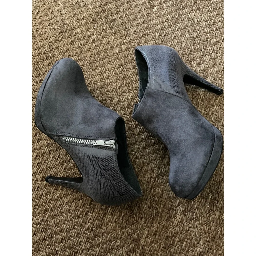 Gray Impo Heeled Ankle Booties Snake Print Accents‎ Side Zip Closure